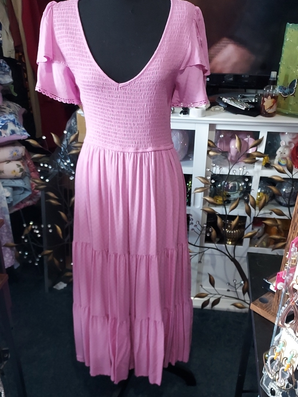 Pink Smocked Bodice Tiered Maxi Dress with Flutter Sleeves